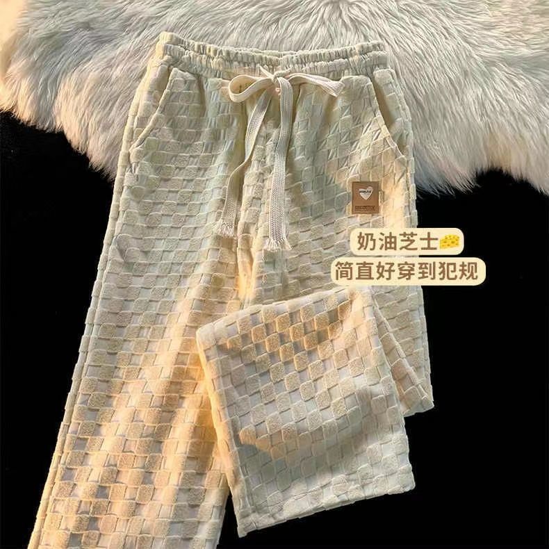 Winter checkerboard pants with velvet milk fufu women's autumn and winter small trousers plaid sports pants casual pants