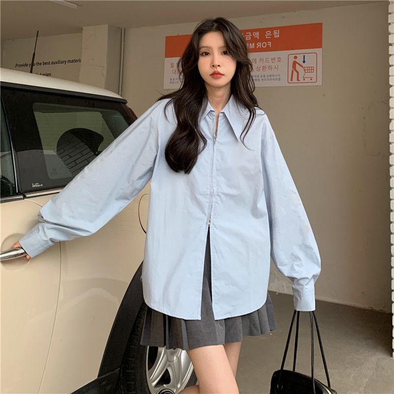 秋冬法式拉链蓝色长袖衬衫女设计感小众宽松显瘦衬衣独特别致上衣