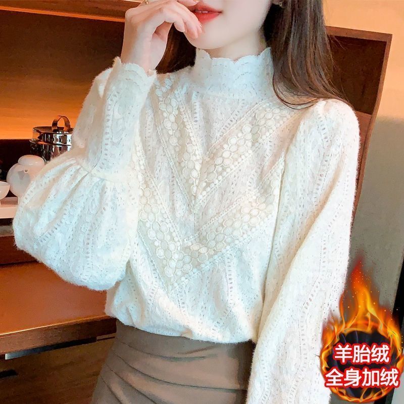 2022秋冬季新款加絨加厚半高領蕾絲打底衫女洋氣網紗內搭長袖上衣