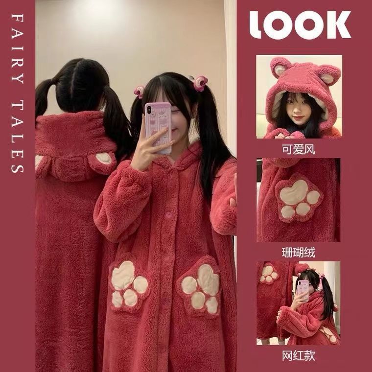 2022 new winter cute strawberry bear nightgown coral fleece pajamas women plus velvet thickened long bathrobe nightdress