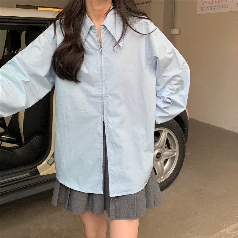 秋冬法式拉链蓝色长袖衬衫女设计感小众宽松显瘦衬衣独特别致上衣