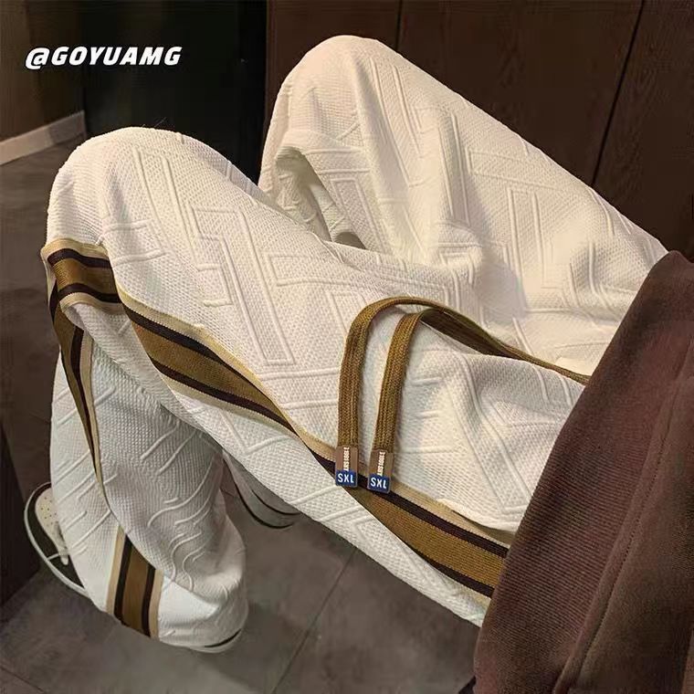Design sense striped stitching pants men's trendy brand ins sports pants plus velvet thickened loose American casual trousers