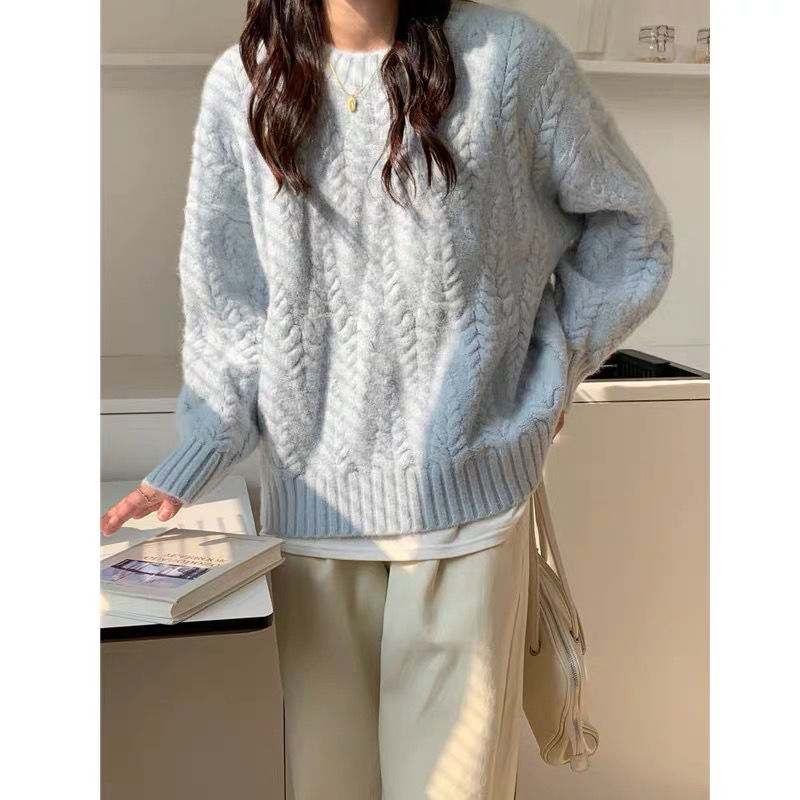 奶藍色麥穗套頭毛衣女2022秋冬新款韓版寬鬆麻花溫柔針織上衣加厚