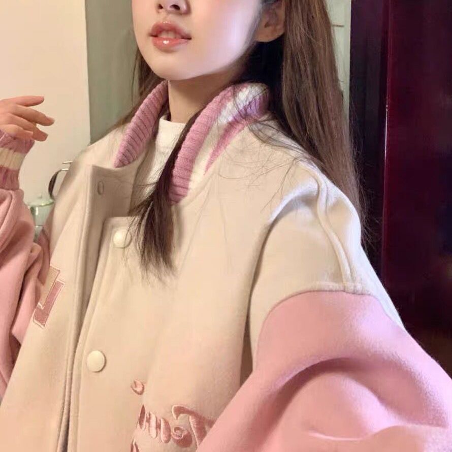 Vintage American retro pink jacket baseball jacket women's autumn and winter plus velvet embroidery sweater ins tide brand