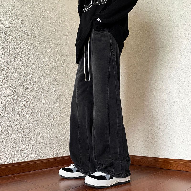 hiphop炸街裤子男小众设计感咖啡色水洗牛仔裤宽松直筒阔腿老爹裤