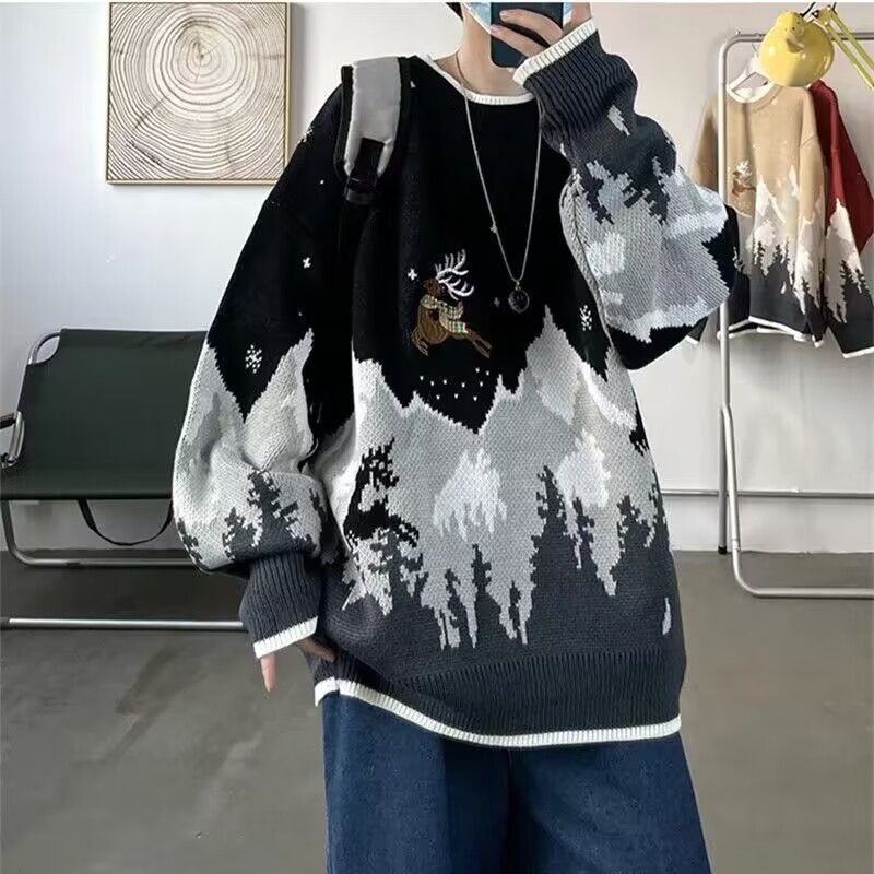 Ins Chao Marke China-Chic Snow Mountain Rentier Stickerei Weihnachtspullover Herren T-Shirt Herrenbekleidung_voghion.com