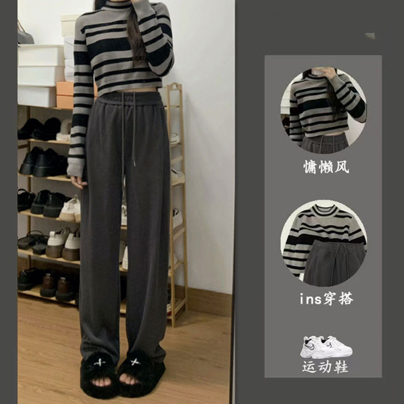 兩件套裝/單件韓風撞色條紋辣妹短款ins慵懶套頭毛衣女寬鬆休閒褲