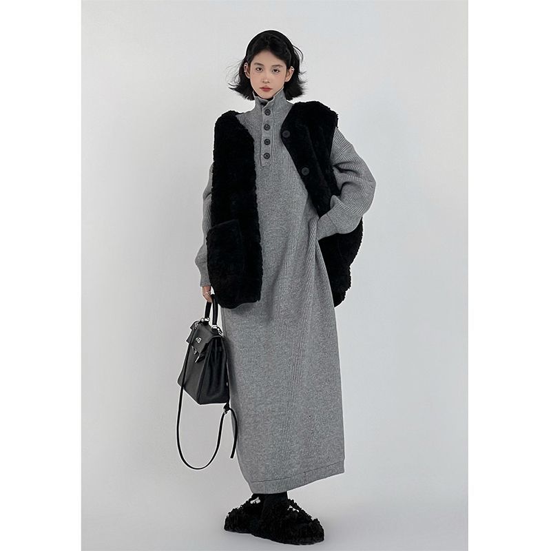 Suit women's 2022 autumn and winter new plush thickened vest coat loose over-the-knee knitted dress two-piece set
