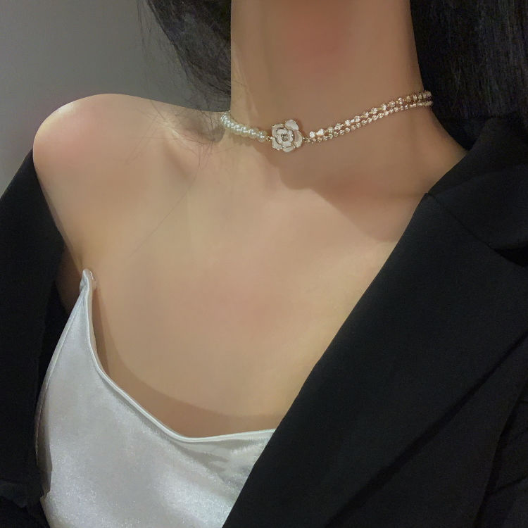 French retro camellia pearl zircon necklace women's summer light luxury niche design clavicle chain choker collar