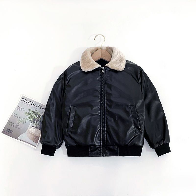 Boys jacket Korean version plus velvet leather jacket 2022 new small and medium children baby winter plus velvet thickened leather jacket tide
