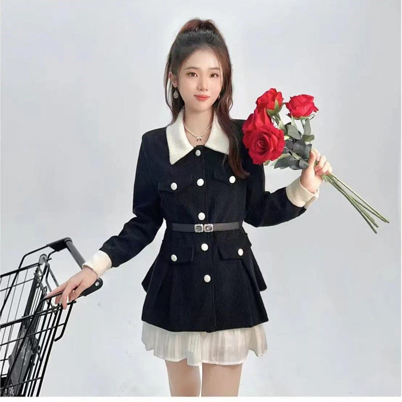 Fashionable all-match two-piece women's 2022 autumn new corduroy thick floral waist jacket + moon night streamer skirt