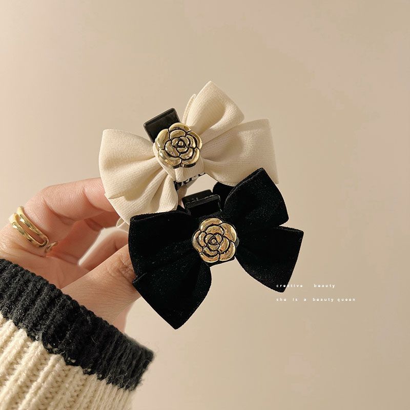 Velvet Bow Camellia Hair Clip Women's Autumn and Winter Bangs Forehead Clip Cute Princess Head Small Clip Headdress