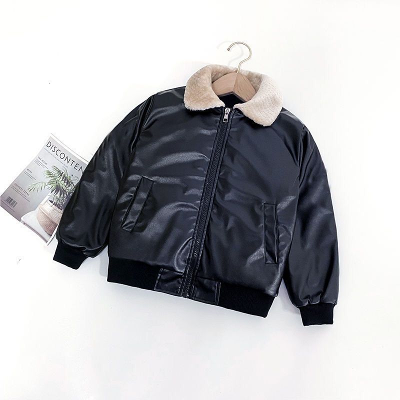 Boys jacket Korean version plus velvet leather jacket 2022 new small and medium children baby winter plus velvet thickened leather jacket tide