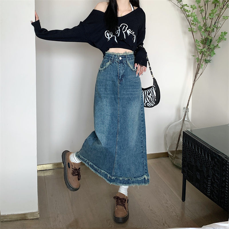 港風復古大碼設計感腰頭下擺毛邊牛仔裙女2023春秋新款高腰裙子潮