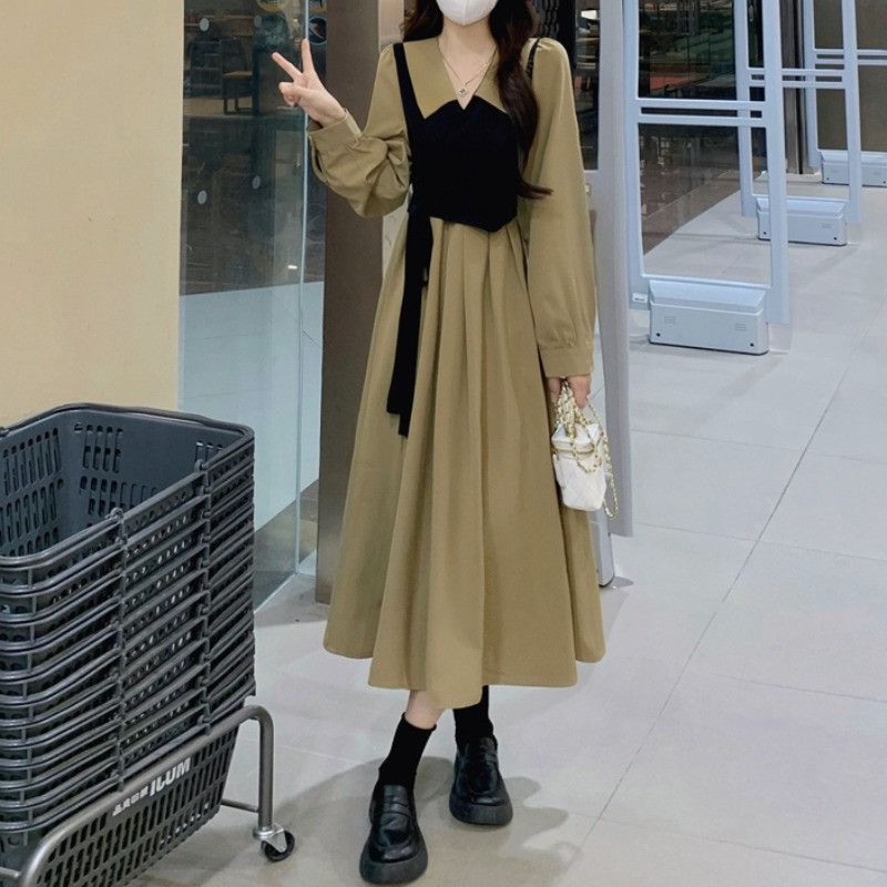 Plus size women's spring and autumn new fat sister French retro long-sleeved fake two-piece high-end temperament slim dress