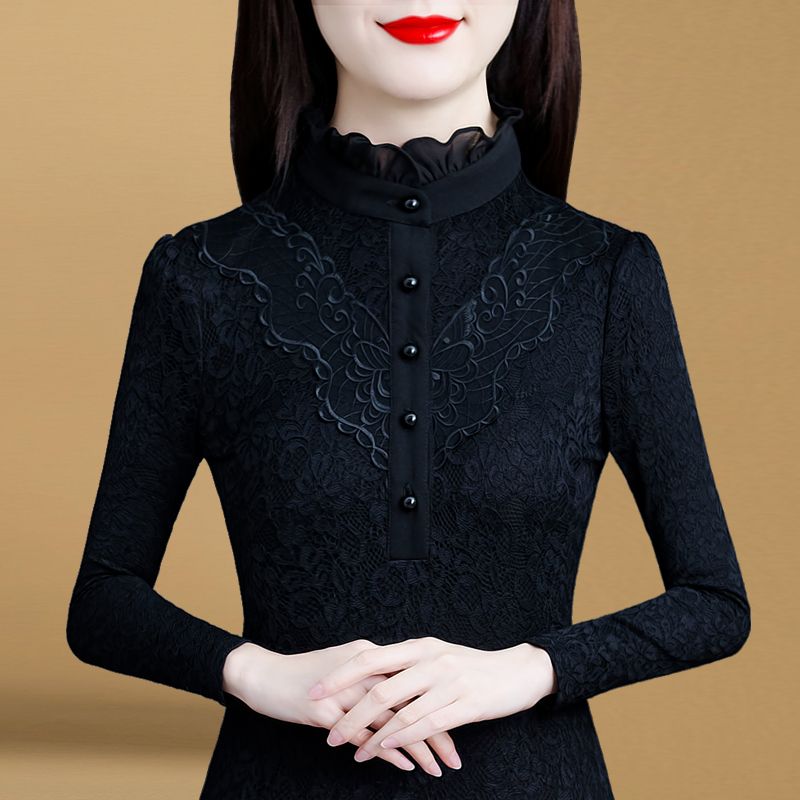 【加絨/不加絨】2023春秋冬新款蕾絲打底衫女氣質內搭長袖小衫