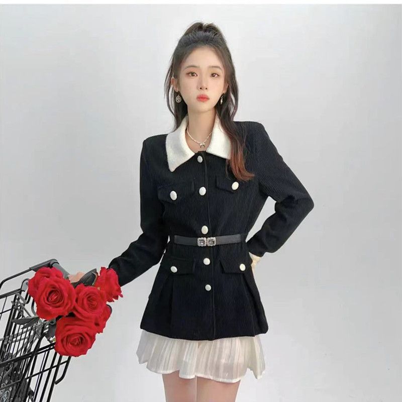 Fashionable all-match two-piece women's 2022 autumn new corduroy thick floral waist jacket + moon night streamer skirt
