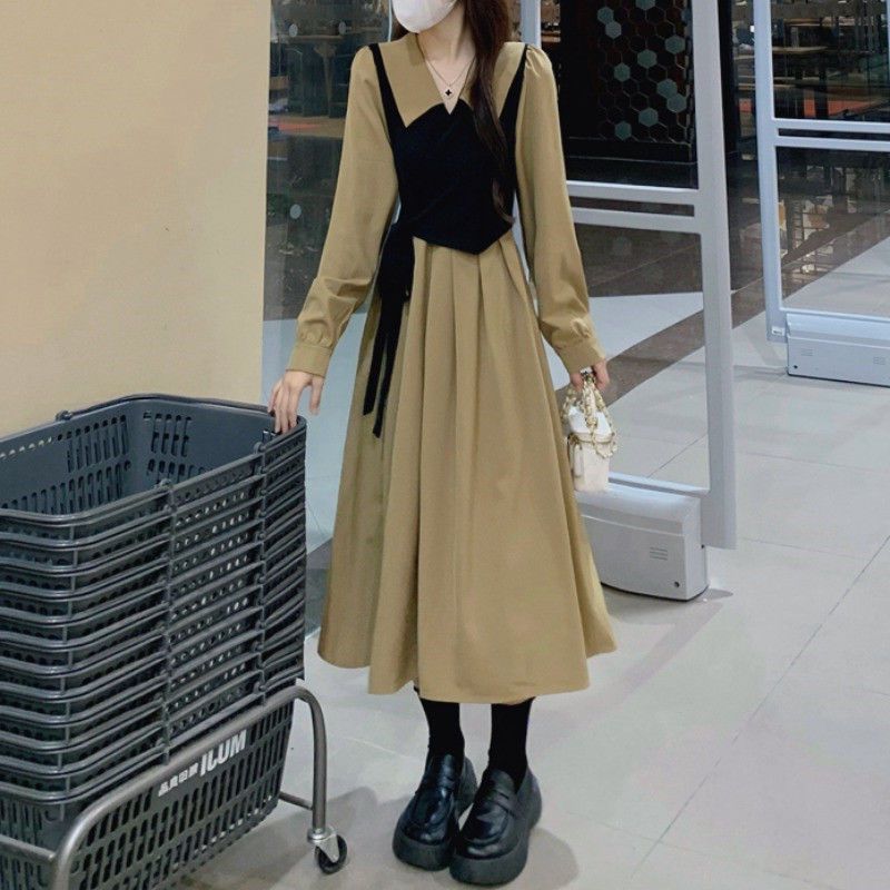 Plus size women's spring and autumn new fat sister French retro long-sleeved fake two-piece high-end temperament slim dress