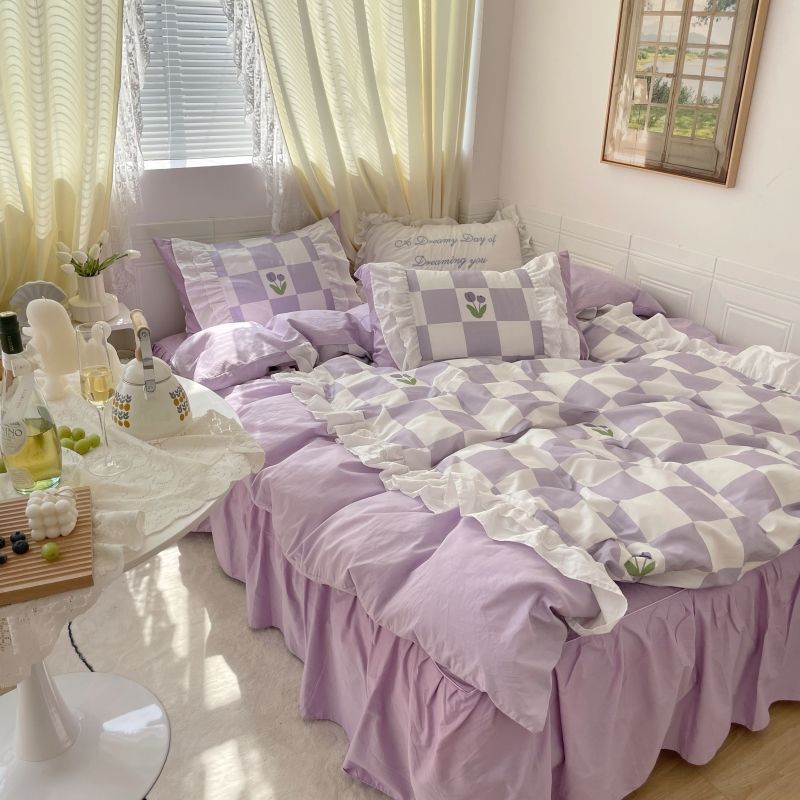 Korean pure cotton four-piece set princess wind ins bed skirt style cotton 100 bedding bed sheet quilt cover three-piece set female