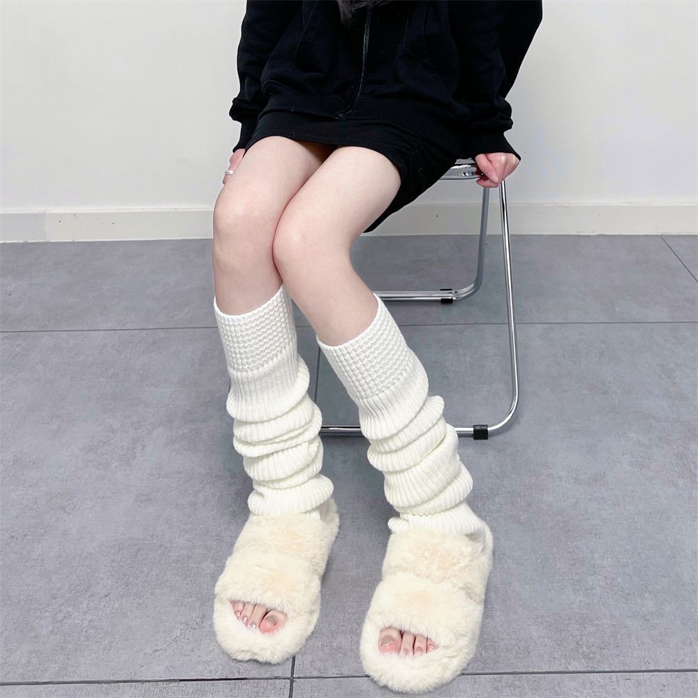 日系jk学生黑白色竖纹针织堆堆腿套中筒小腿踩脚袜子秋冬加厚保暖