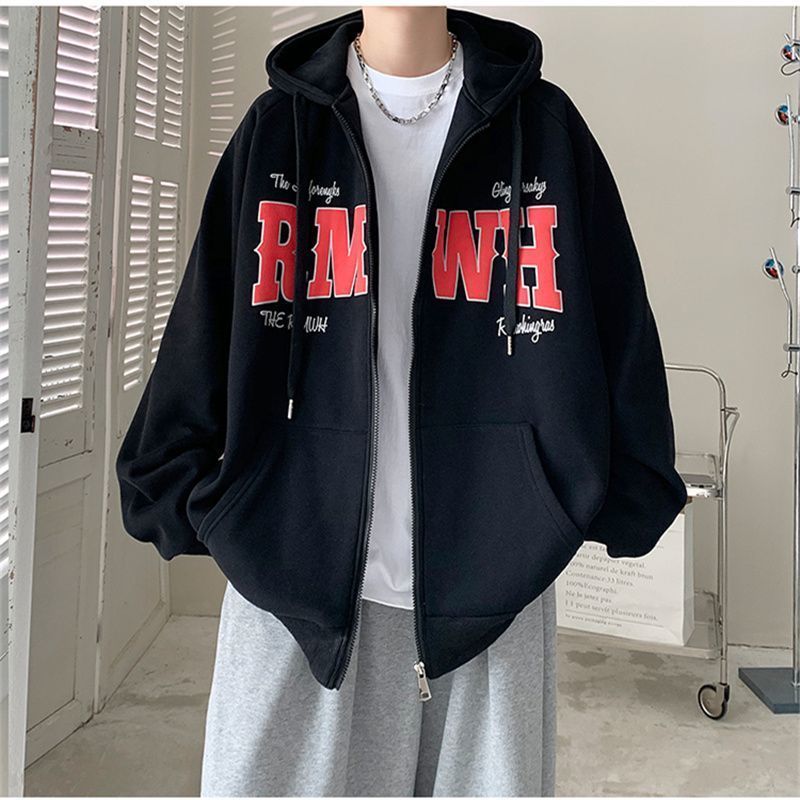 Hooded sweater for men and women trendy brand letter printing hiphop cardigan jacket spring and autumn plus velvet sports couple outfit