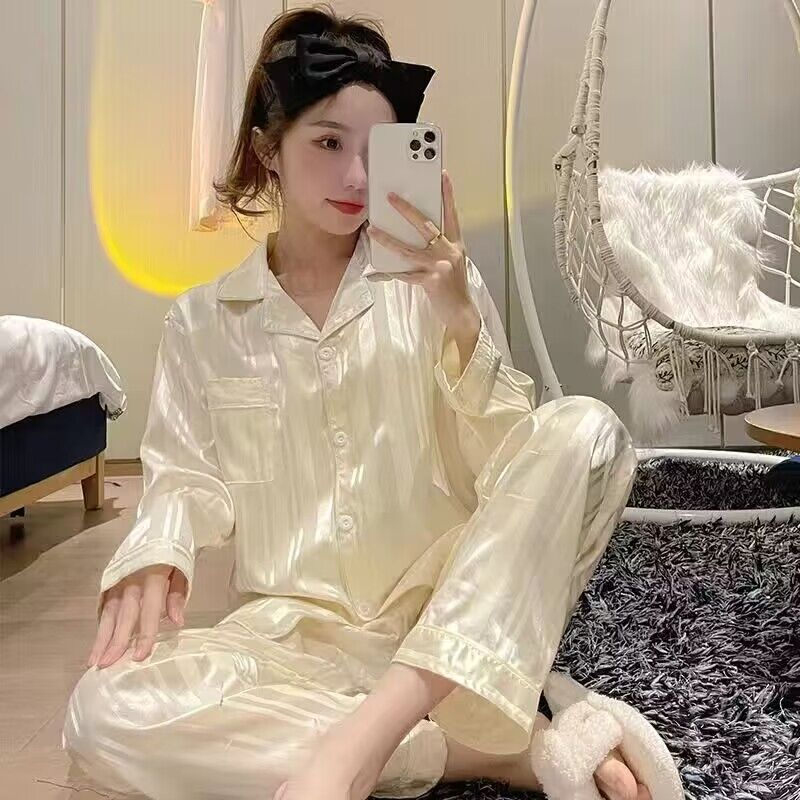 法式高級感長袖睡衣女網紅風夏季新款寬鬆薄款冰絲長褲家居服套裝