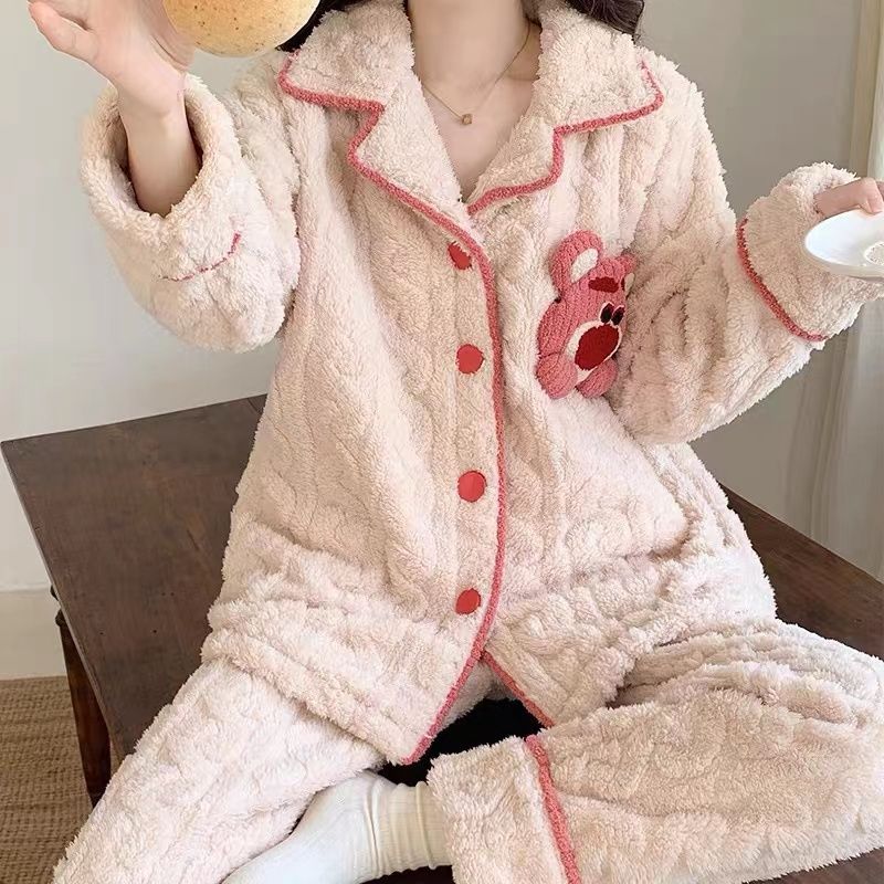 冬季睡衣女新款韓版學生可愛卡通可外穿加厚加絨珊瑚絨家居服套裝