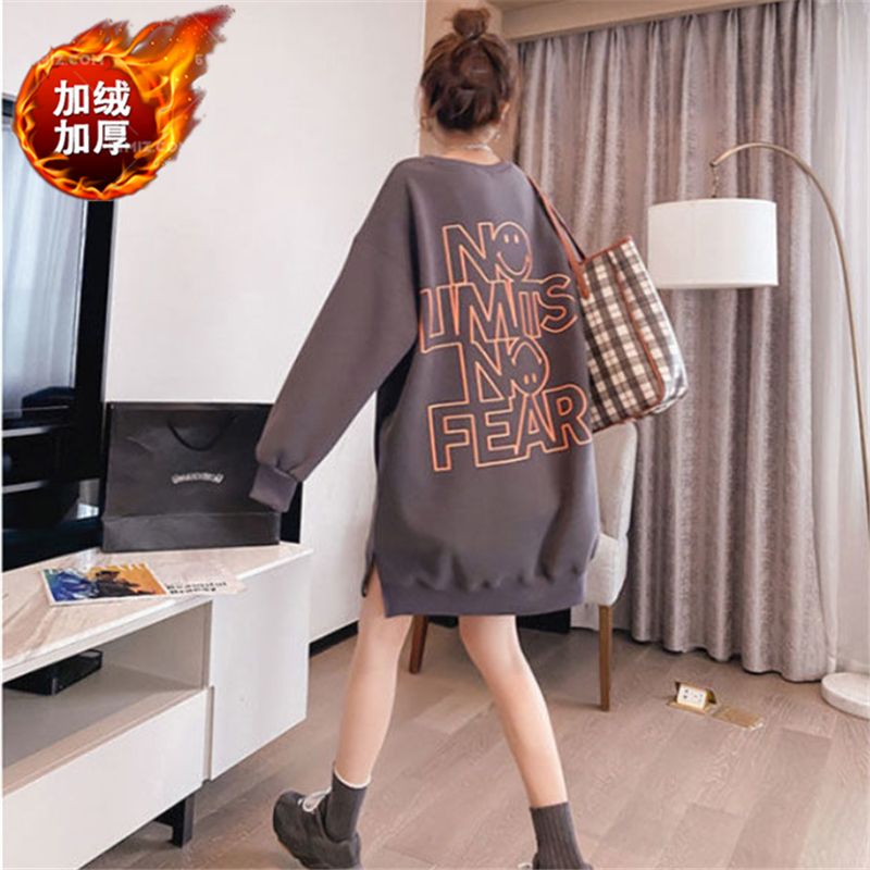 Letter printed thin velvet extended version sweater dress fat MM extra large size 300 catties spring and autumn loose warm dress