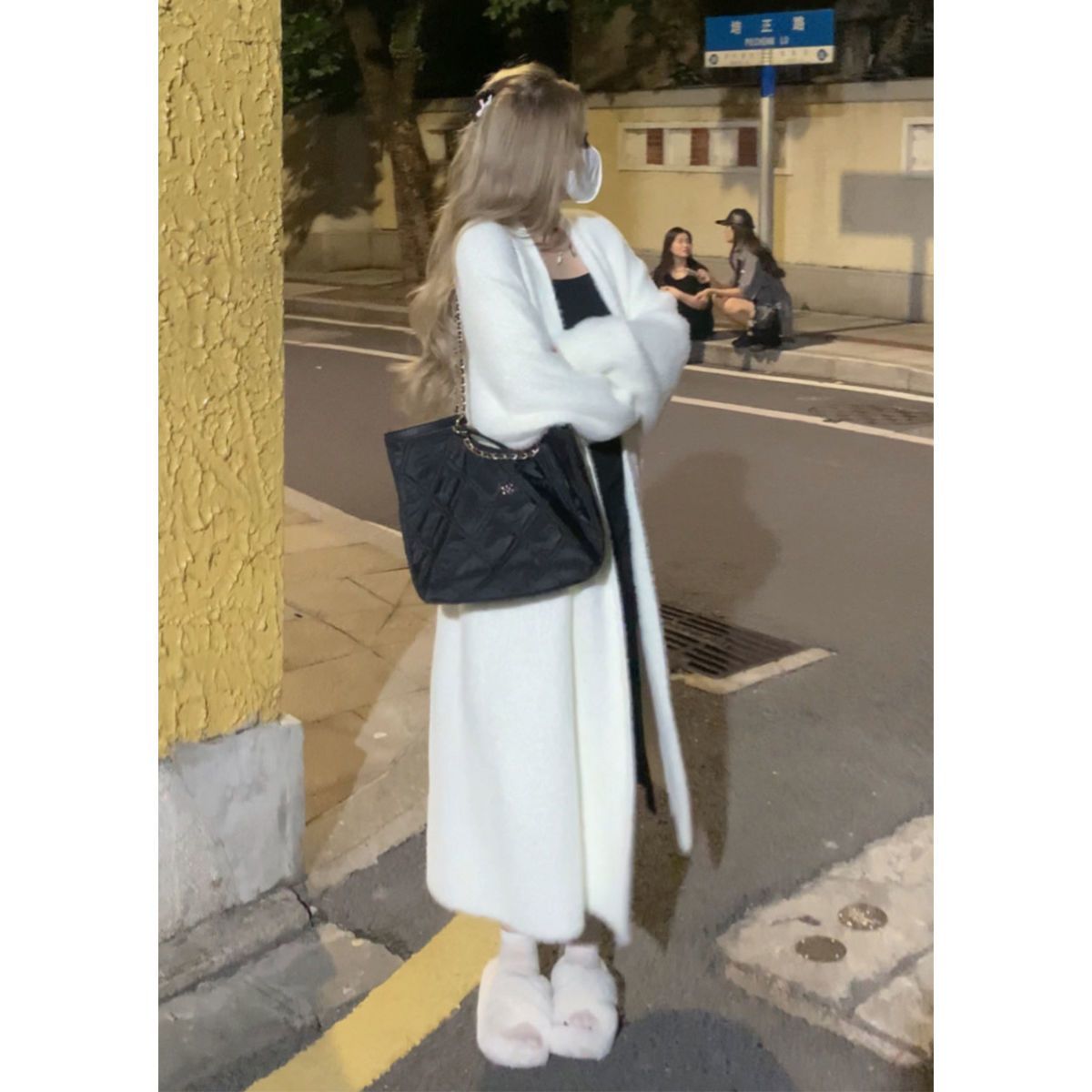 Large size soft waxy knitted cardigan sweater women's autumn and winter lazy wind long coat fat mm suspender dress two-piece set