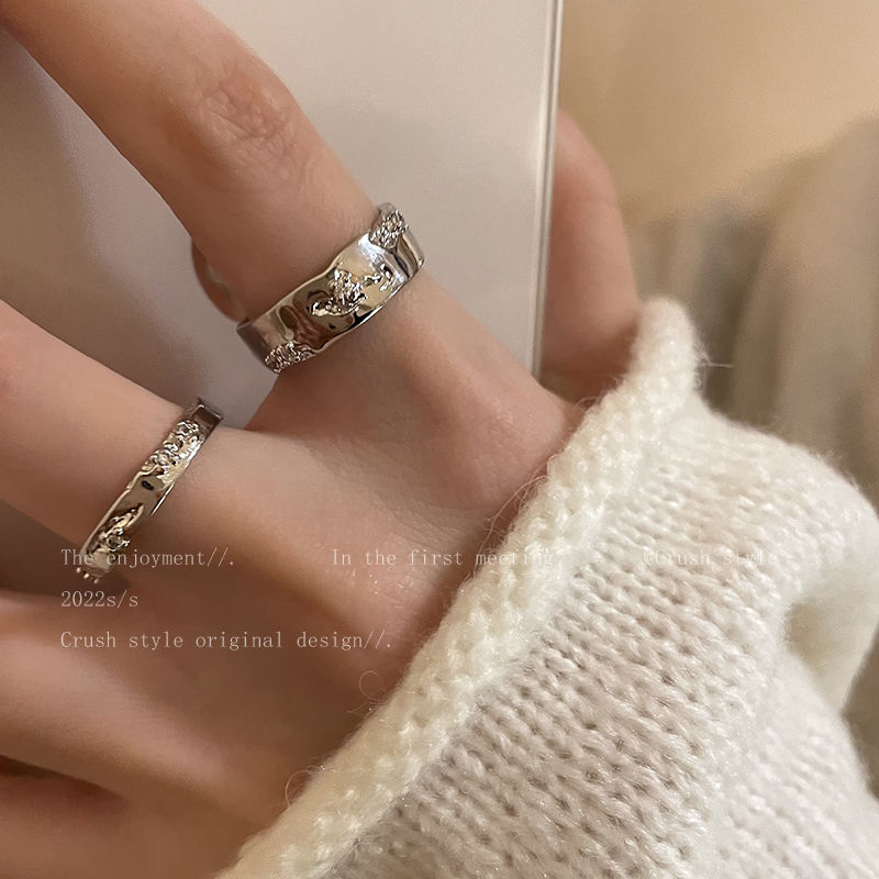 银色素圈锆石开口戒指套装女冷淡风气质情侣指环时尚个性食指戒潮