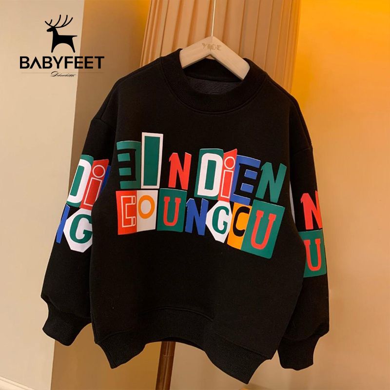 Babyfeet autumn and winter new children's velvet thickened boy's sweater middle and big children's foreign style pullover jacket trendy