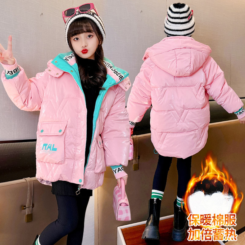 Girls' cotton-padded jackets winter clothes  new style Western-style big children's wash-free down cotton padded jackets thickened baby mid-length jackets