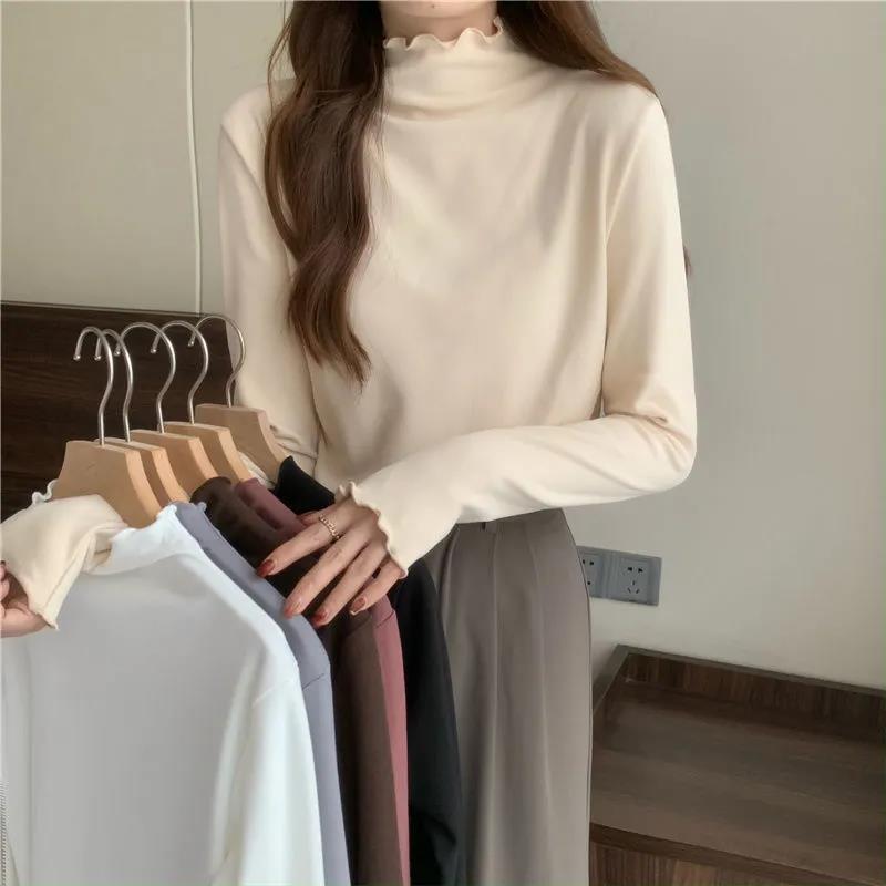 德絨半高領加絨打底衫女百搭木耳邊內搭加厚保暖百搭洋氣內搭上衣