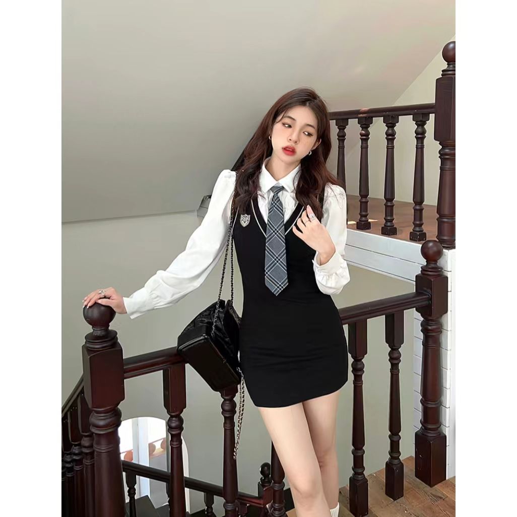 Adan College Wind Suit Skirt Autumn Korean Version Slim Slim Vest Skirt Versatile Short Puff Sleeve Shirt Women