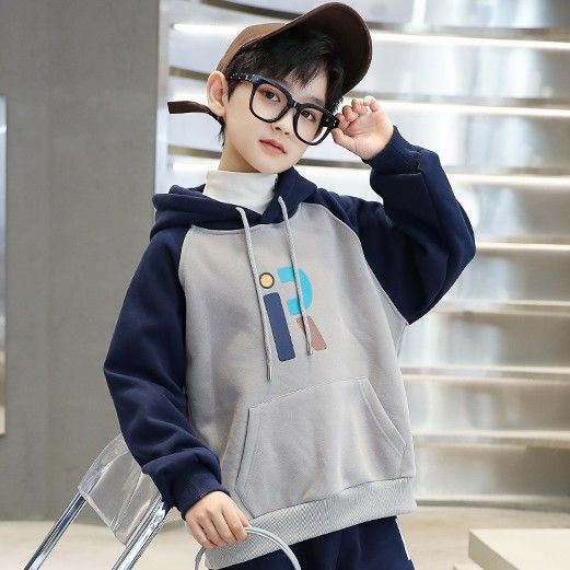 Baby feet boy's sweater plus fleece winter new 2022 children's top trendy hooded foreign handsome style