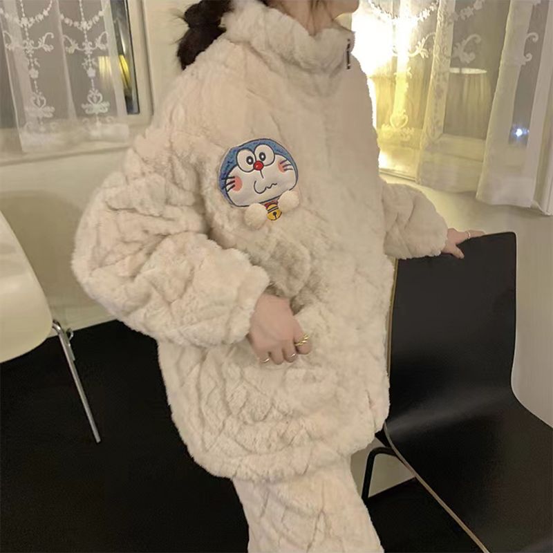 Winter coral fleece three-layer quilted pajamas women's fleece thickened warm zipper flannel home clothes two-piece suit