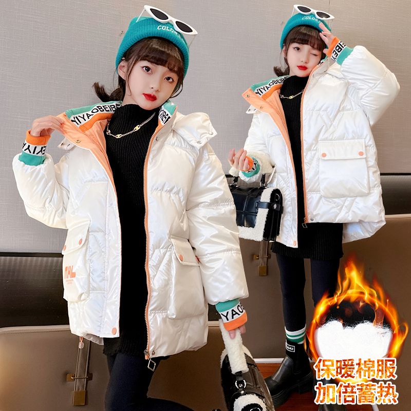 Girls' cotton-padded jackets winter clothes  new style Western-style big children's wash-free down cotton padded jackets thickened baby mid-length jackets