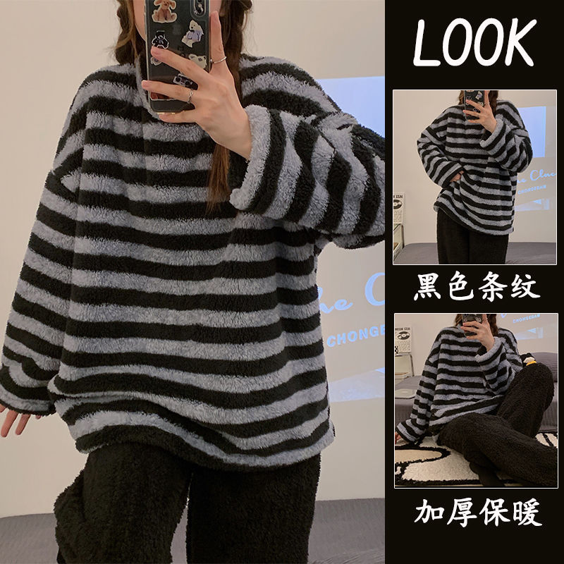 冬季條紋睡衣女法蘭絨2022年新款加絨加厚珊瑚絨可外穿家居服套裝