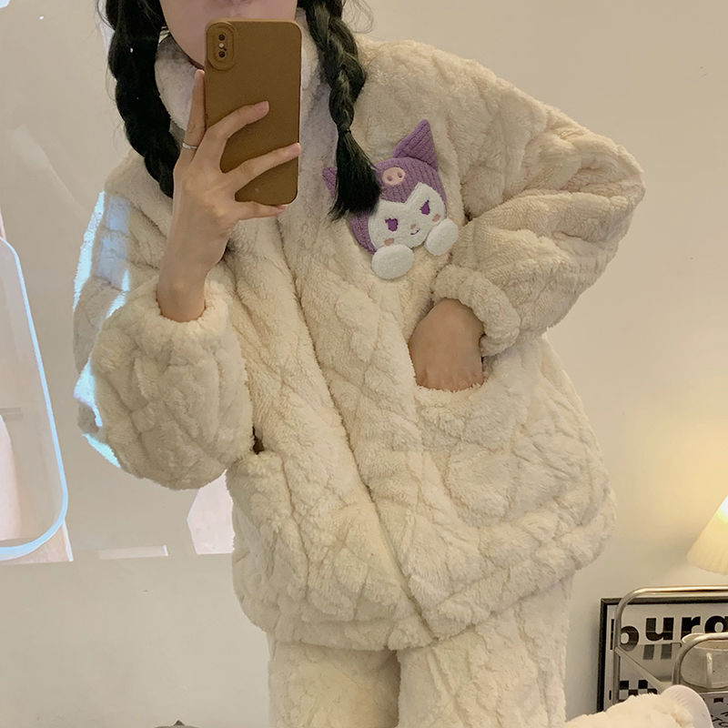 Winter coral fleece three-layer quilted pajamas women's fleece thickened warm zipper flannel home clothes two-piece suit