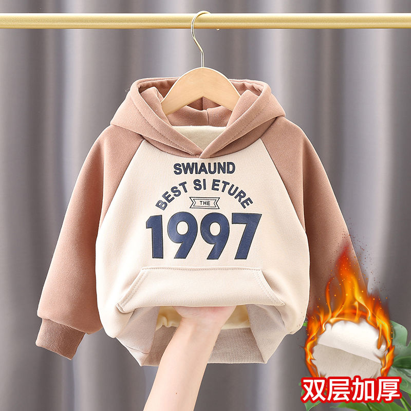 Boys' hooded sweater winter double-layer fleece thickened clothes spring and autumn children's 2022 new children's fashion trend