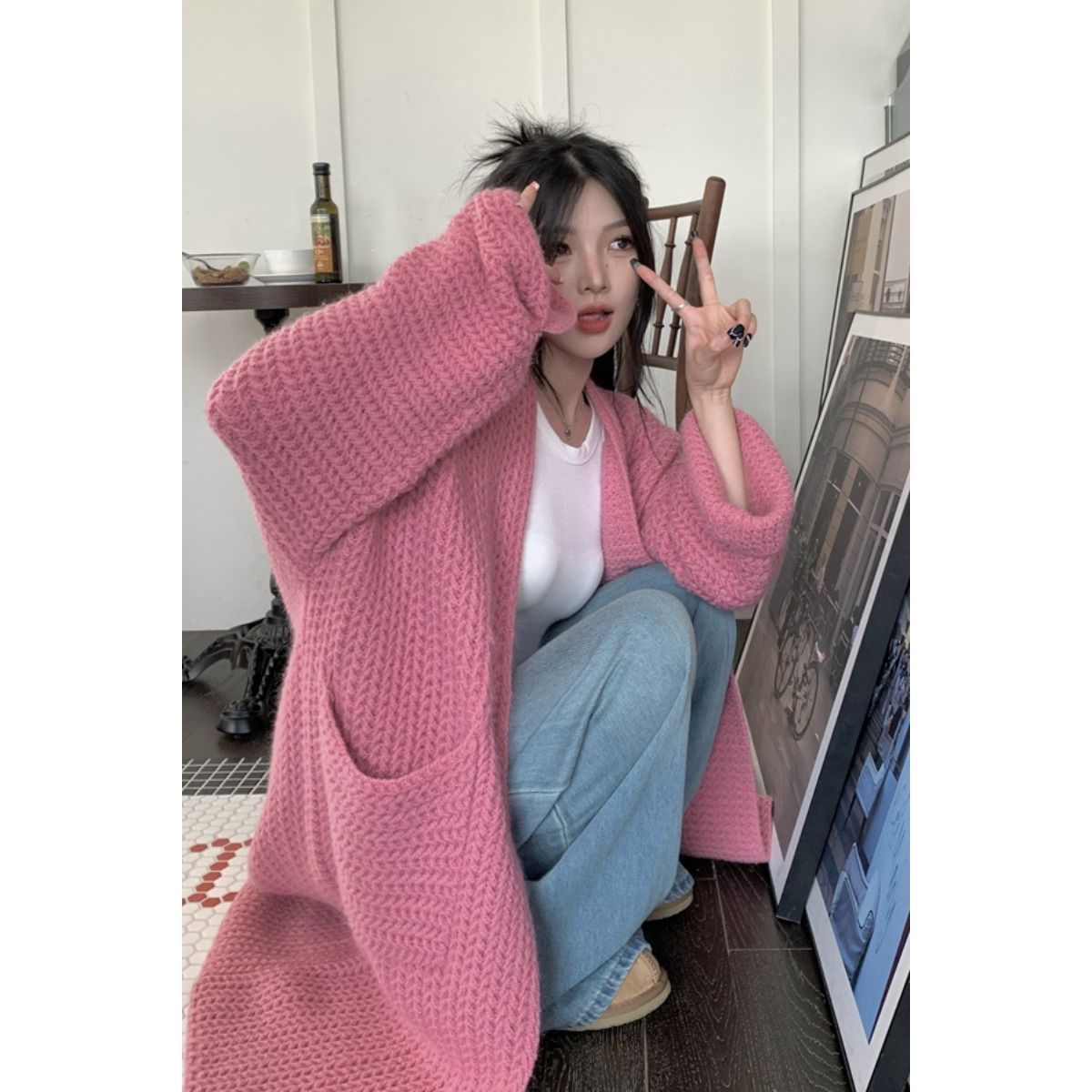 慵懶感厚實大毛衣軟糯親膚寬鬆長袖純色針織衫長款開衫外套女秋冬