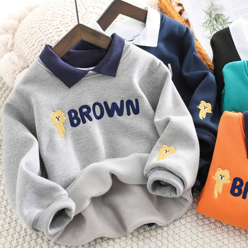 Boys fleece sweater autumn and winter children's casual foreign style top polo shirt with thick warm bottoming shirt trendy