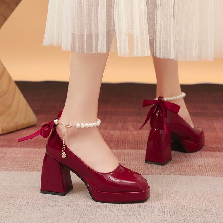 韩版小个子婚礼神器高跟鞋珍珠带气质酒红色婚鞋舒适增高婚纱单鞋
