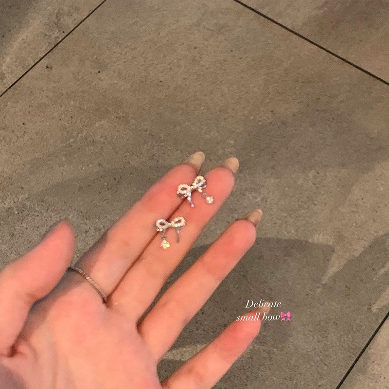 S925銀針精緻蝴蝶結耳釘女小眾設計感高級輕奢耳環耳夾無耳洞耳飾