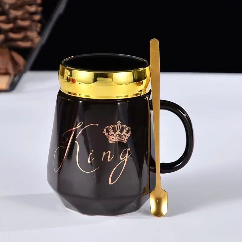 创意带盖勺男女陶瓷水杯喝水杯情侣咖啡杯办公室杯子礼盒装送人