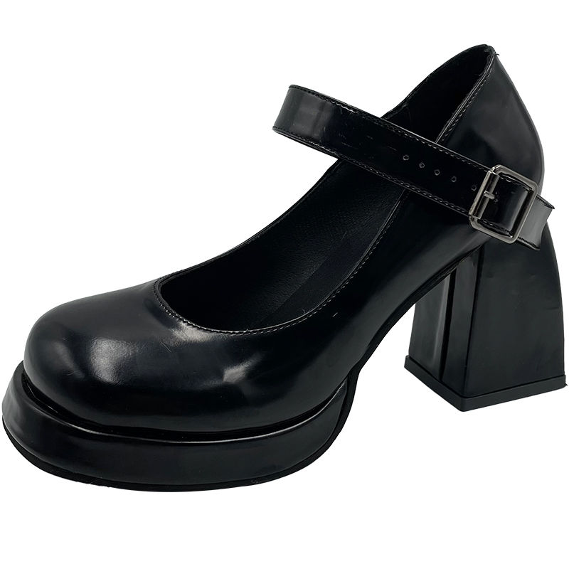 新款复古玛丽珍女鞋法式方头皮鞋秋冬漆皮粗跟气质高跟鞋黑色