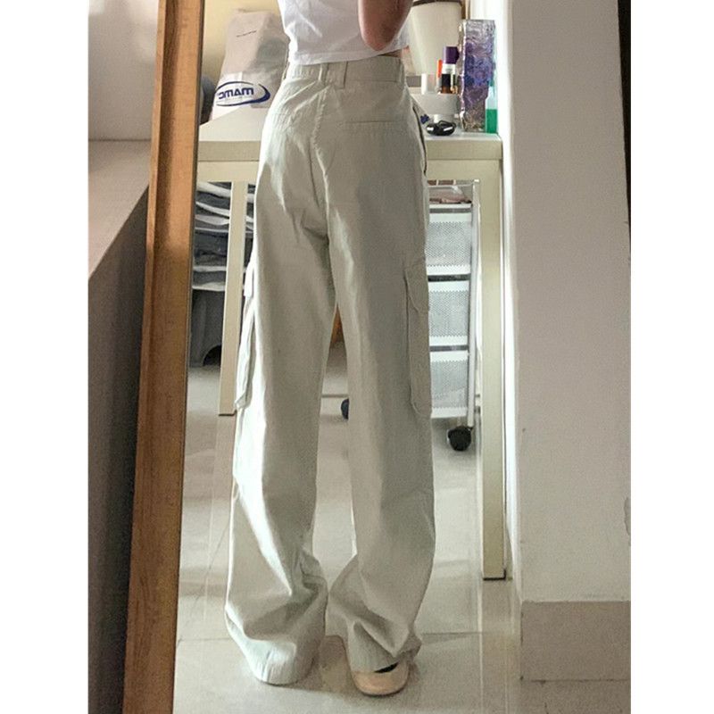 Spring and autumn new sand white retro overalls design sense high street multi-pocket casual loose straight jeans women