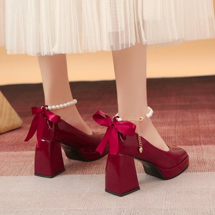 韩版小个子婚礼神器高跟鞋珍珠带气质酒红色婚鞋舒适增高婚纱单鞋