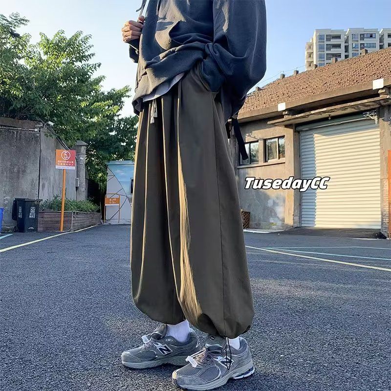 日系oversize褲子ins高街垂墜感抽繩束腳褲男寬鬆闊腿哈倫燈籠褲