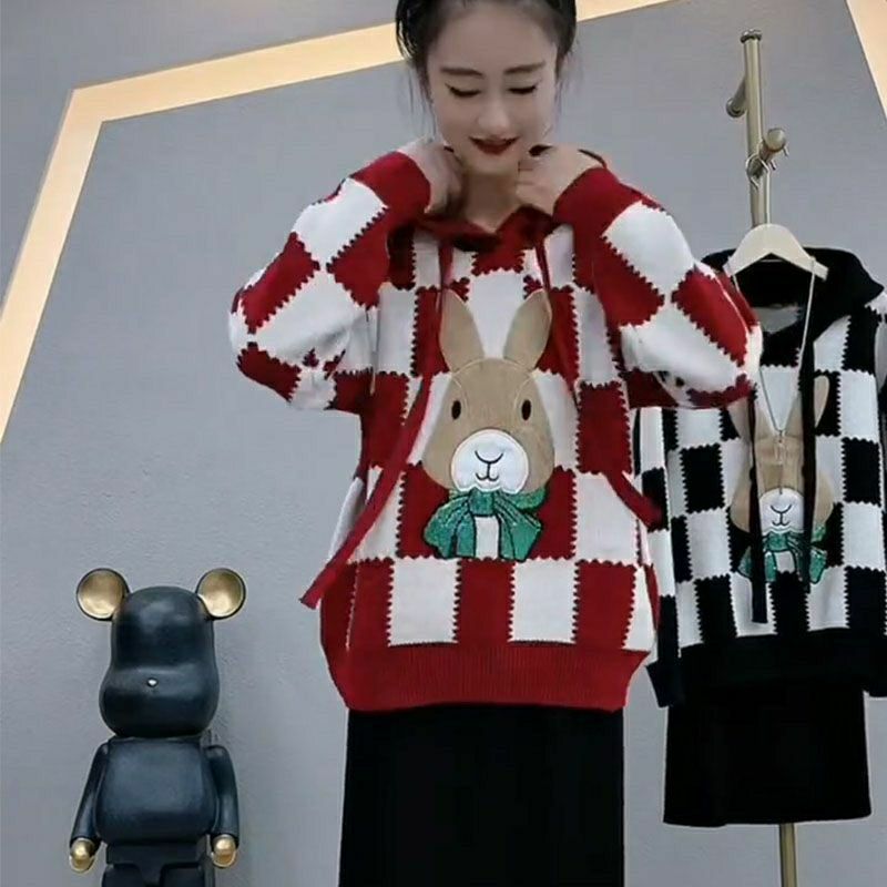 Hooded Cartoon Rabbit Plaid Red Sweater + Skirt Women's Autumn and Winter New European Station Lazy Wind Two-piece Set